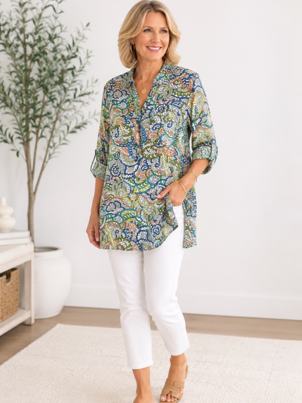 Sunny Leigh Tunic Top 1X Paisley Boho Roll Tab Button Front Plus Size